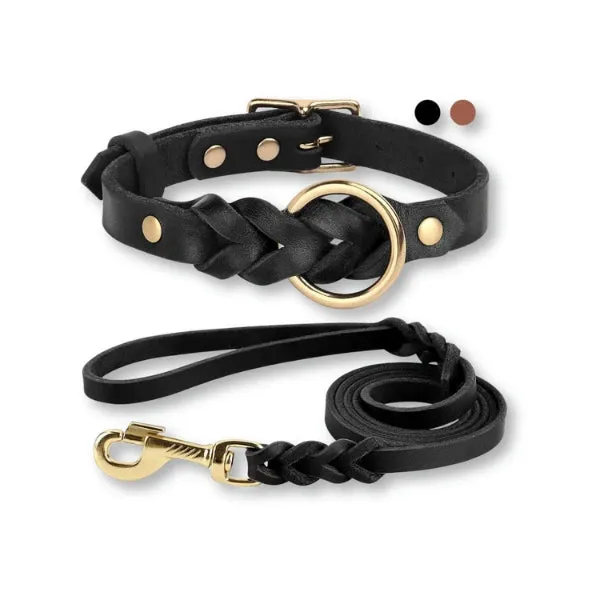 100% leather - Collar and leash set for dogs