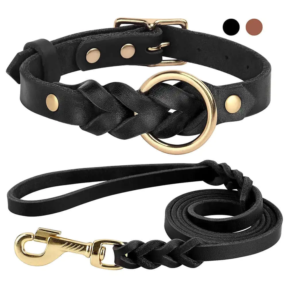 100% leather - Collar and leash set for dogs