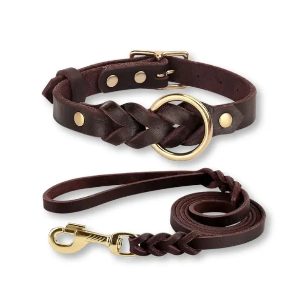 100% leather - Collar and leash set for dogs
