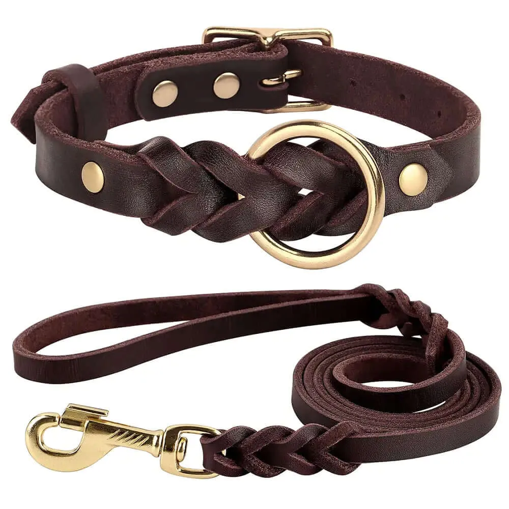 100% leather - Collar and leash set for dogs