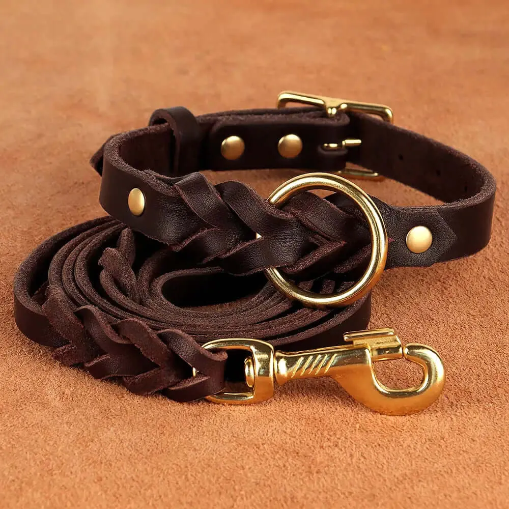 100% leather - Collar and leash set for dogs