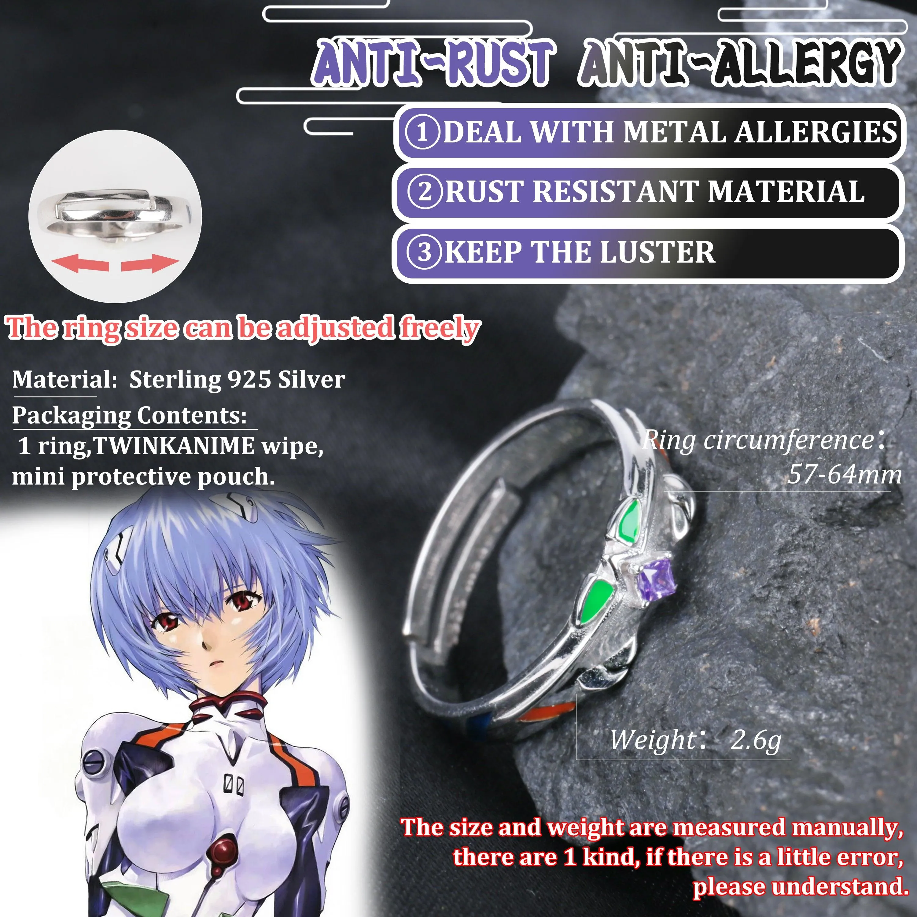 Anime EVA Ayanami Rei S925 Adjustable Ring