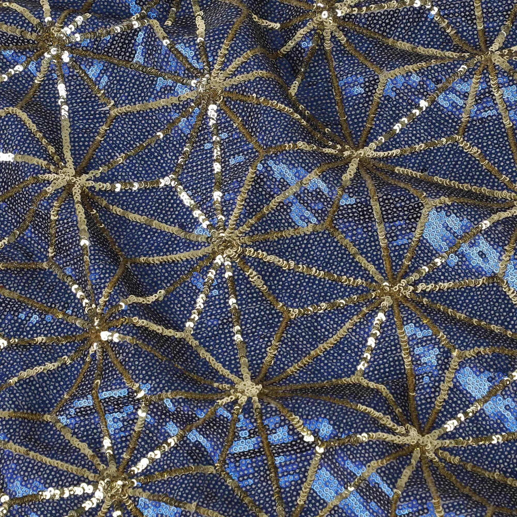 Beige nylon tulle fabric with azure blue and gold sequins in abstract design