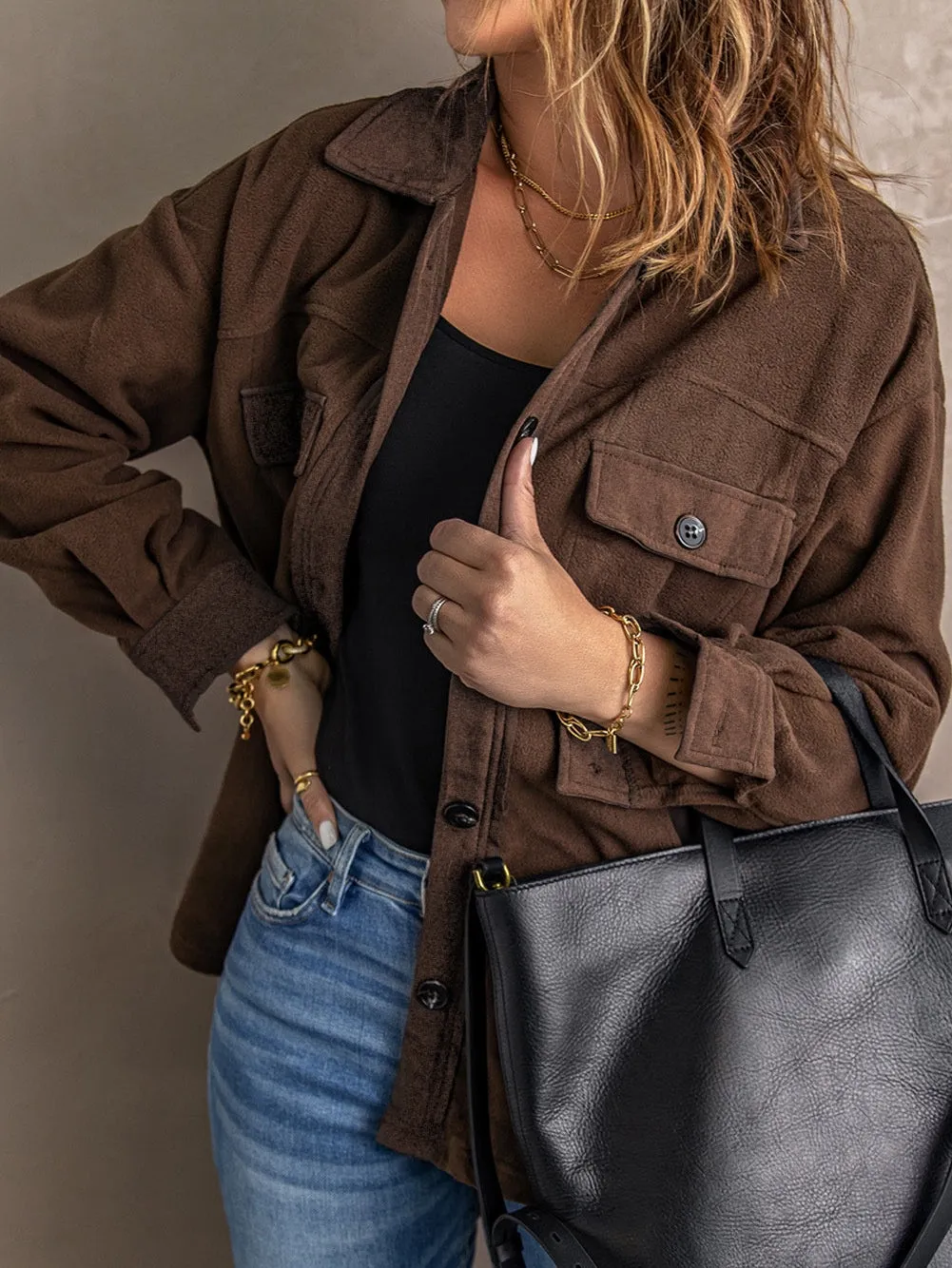 Brown Plush Fleece Button-Up