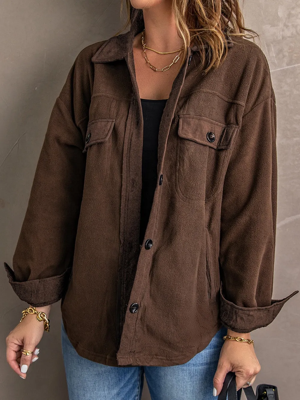 Brown Plush Fleece Button-Up