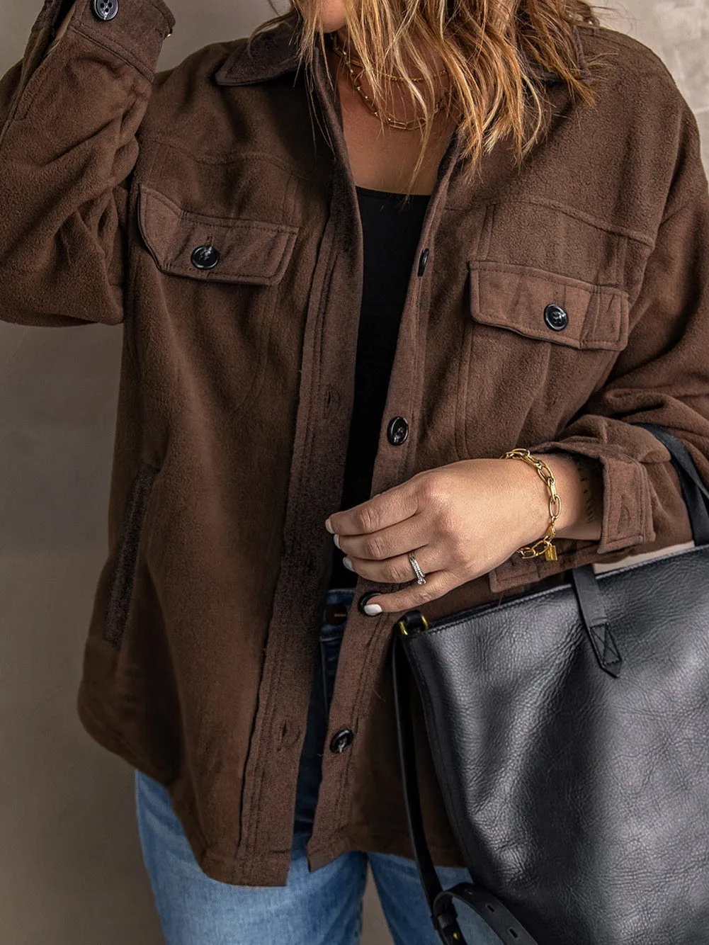 Brown Plush Fleece Button-Up