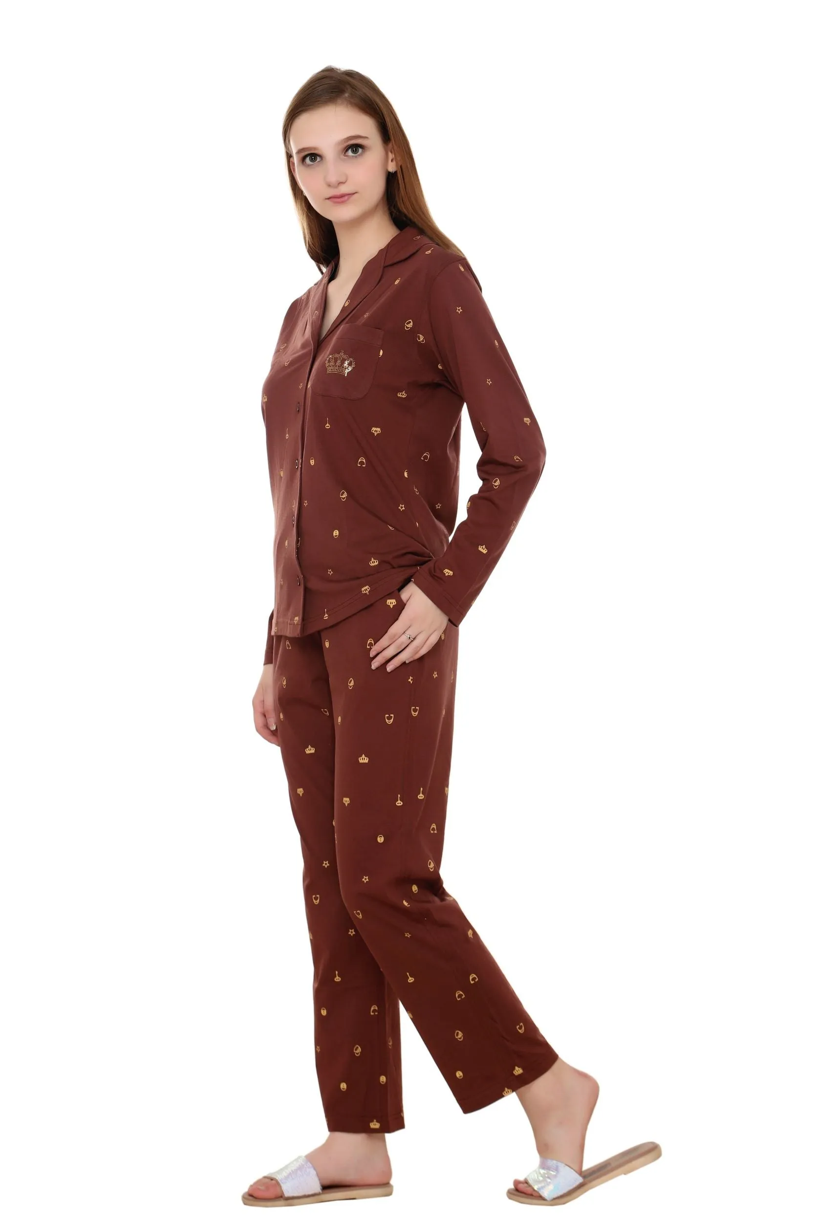Brown Printed Collar Nightwear  with pocket MX_FOS31