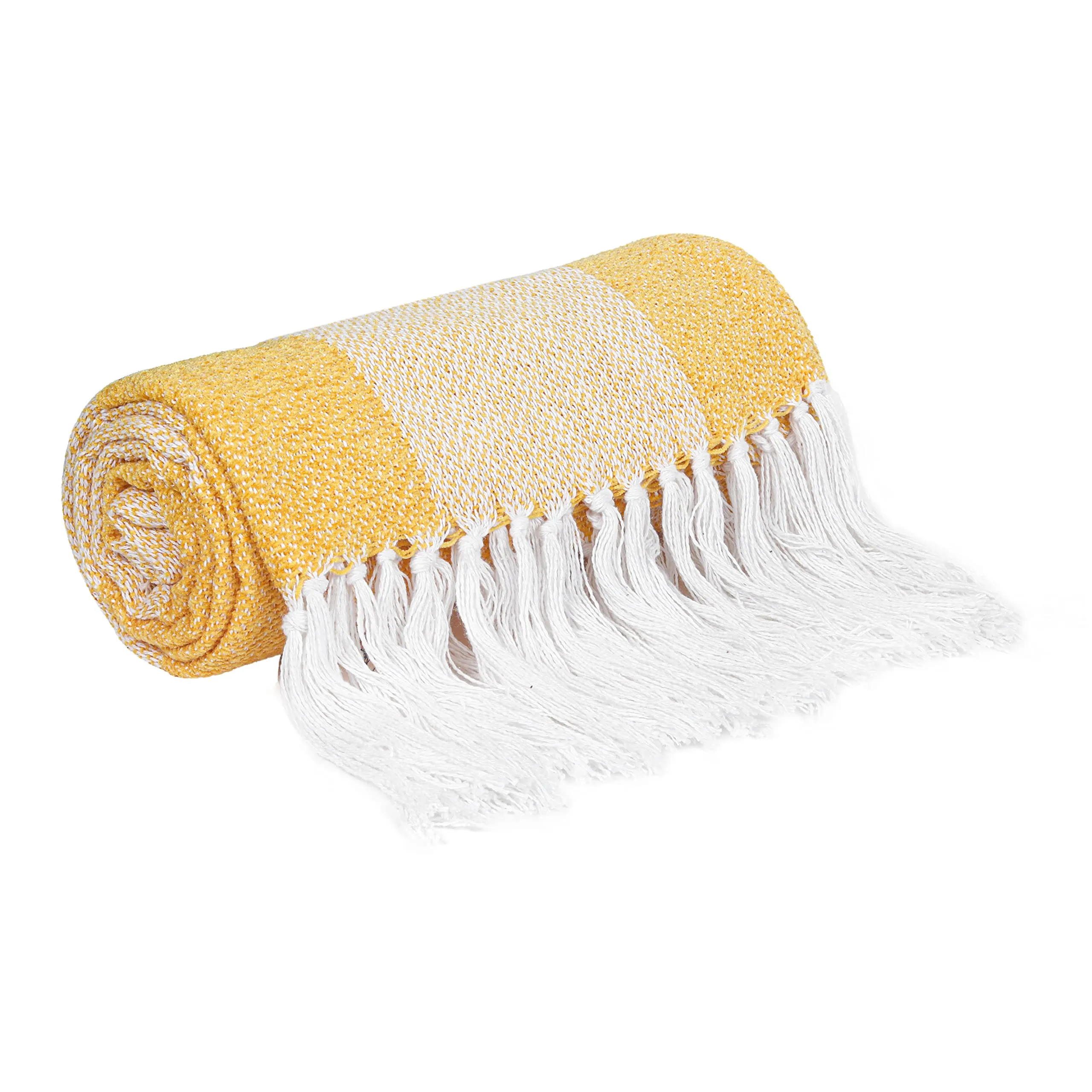 Cazimo Soft Chenille Cotton Throw with Fringe Tassels for Bedroom/Living Room/Drawing Room || Summer Collection Throw Blanket for Sofa/Bed/Couch/Chair || 50 x 60 inches, Yellow