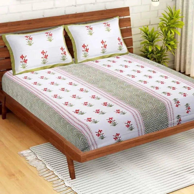 Ethnic Lakeerein Printed Bedsheet - Green
