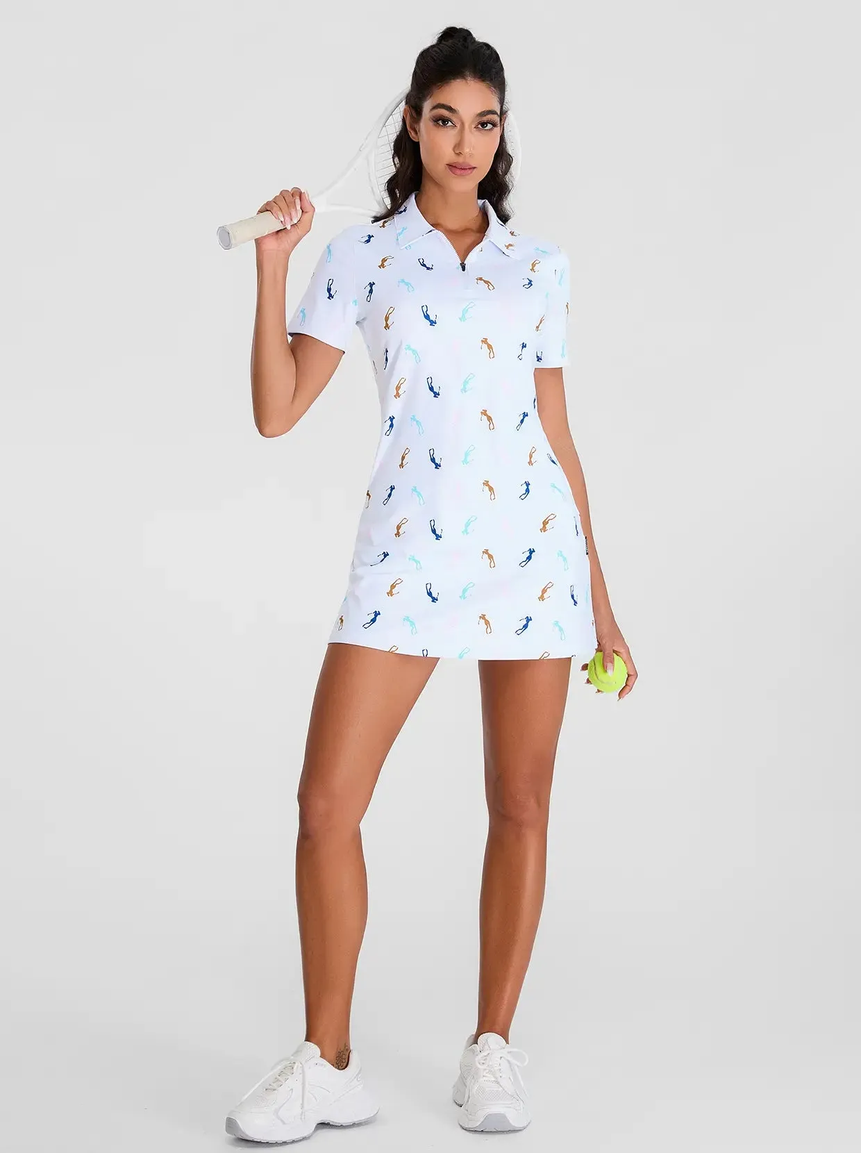 Golfer Pattern Zipper Short-Sleeve Polo Dress With Inner Shorts