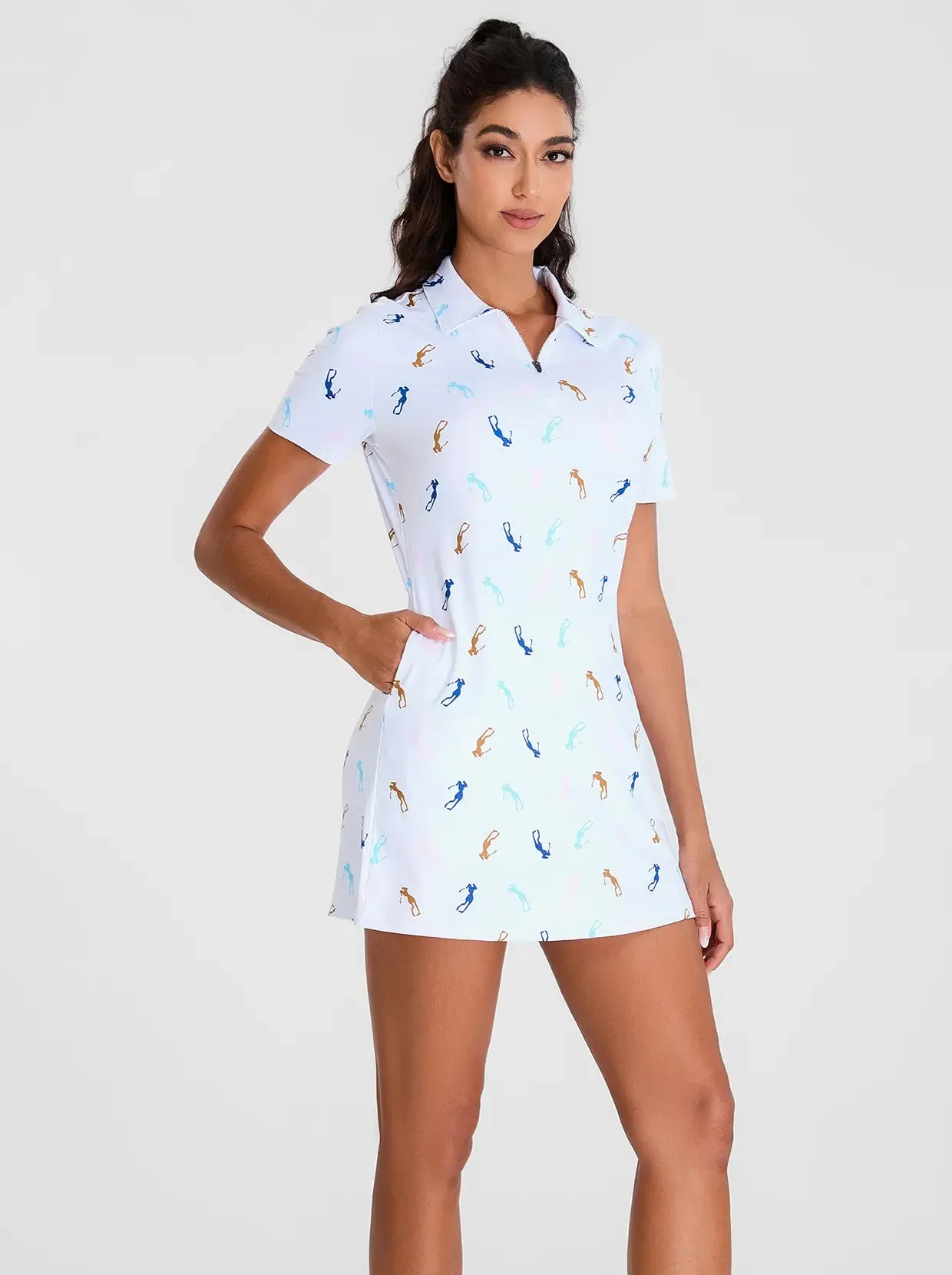 Golfer Pattern Zipper Short-Sleeve Polo Dress With Inner Shorts