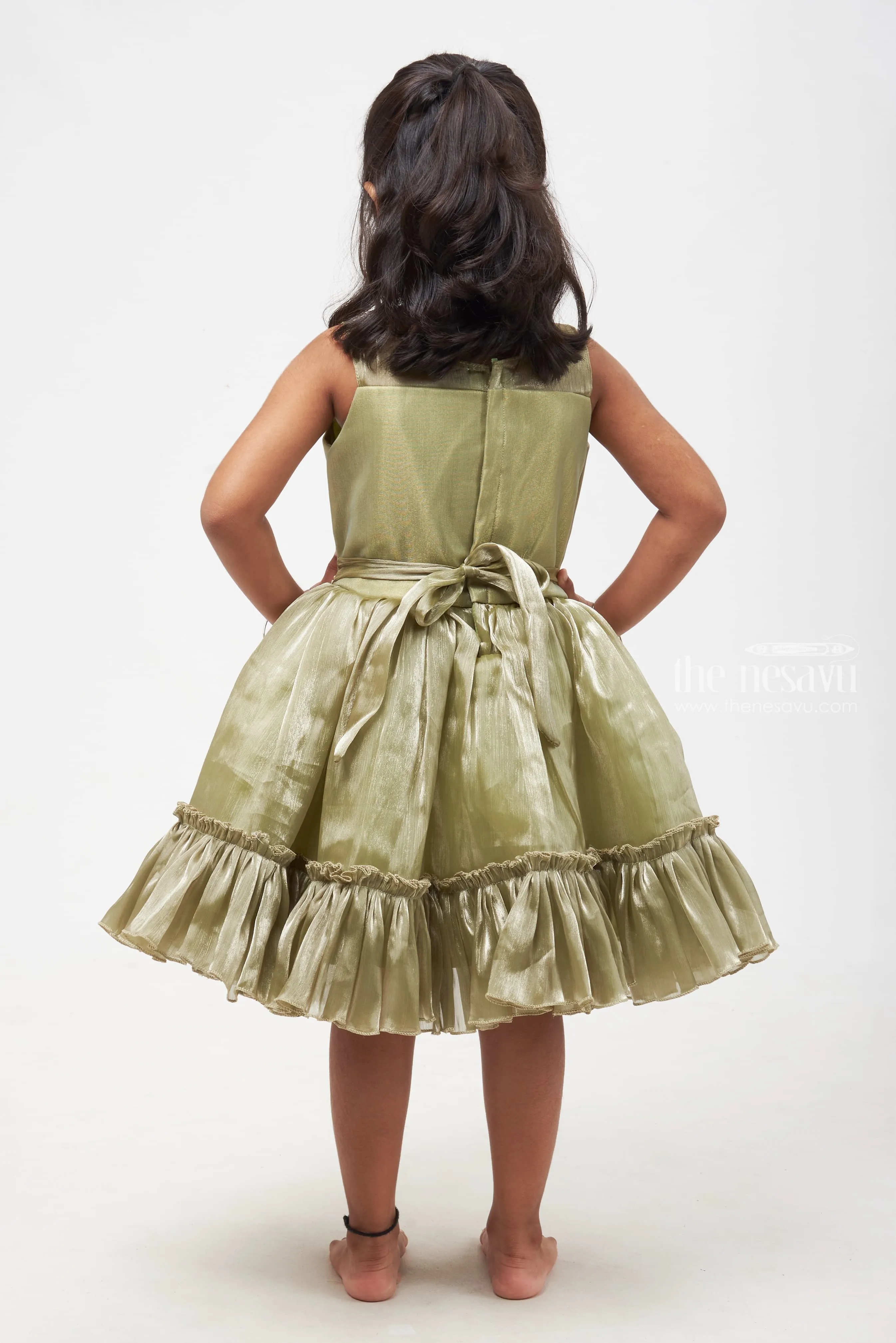 Graceful Olive Green Dress with Floral Embellishment for Girls