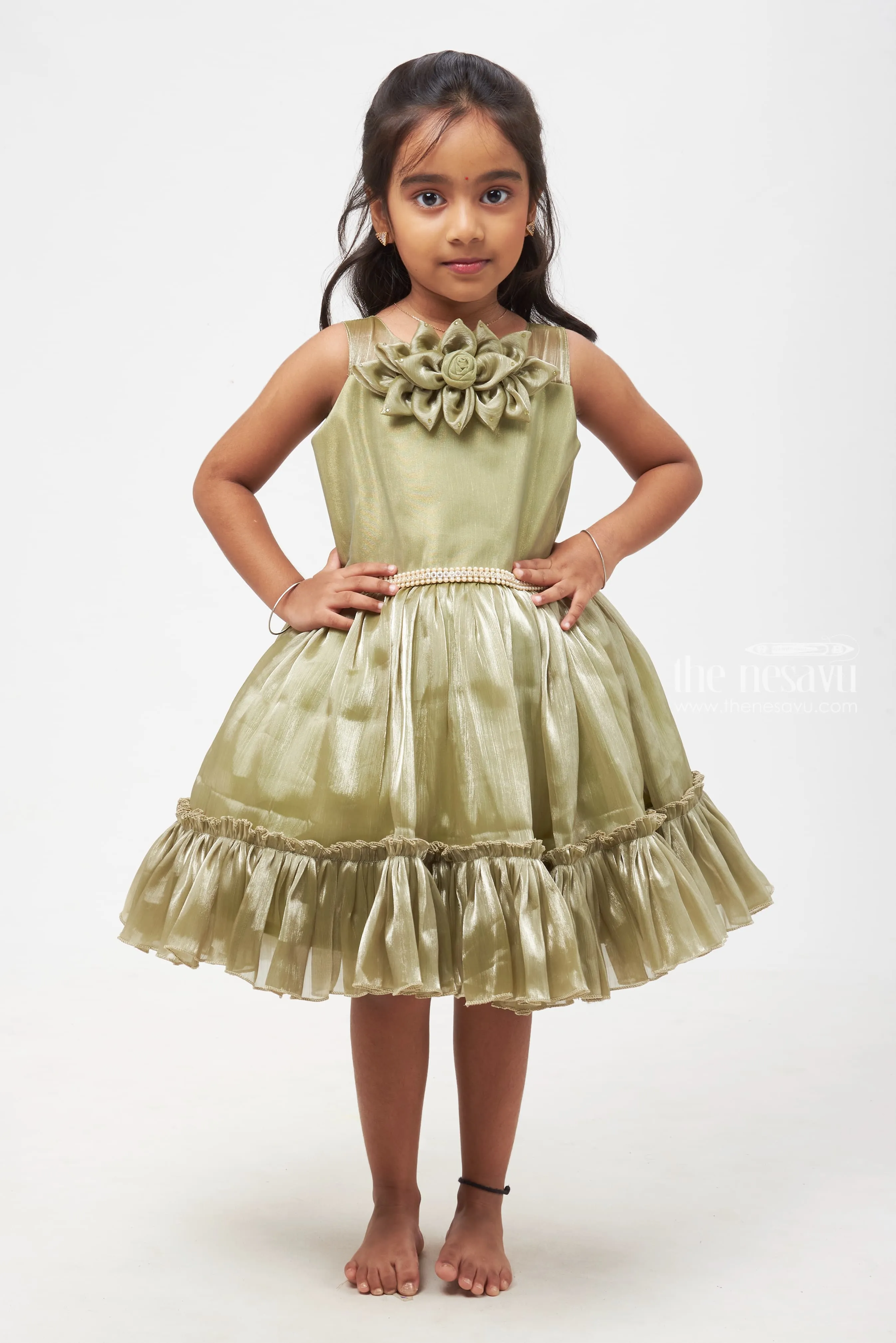 Graceful Olive Green Dress with Floral Embellishment for Girls