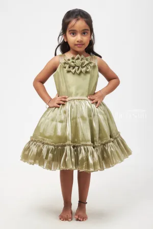 Graceful Olive Green Dress with Floral Embellishment for Girls