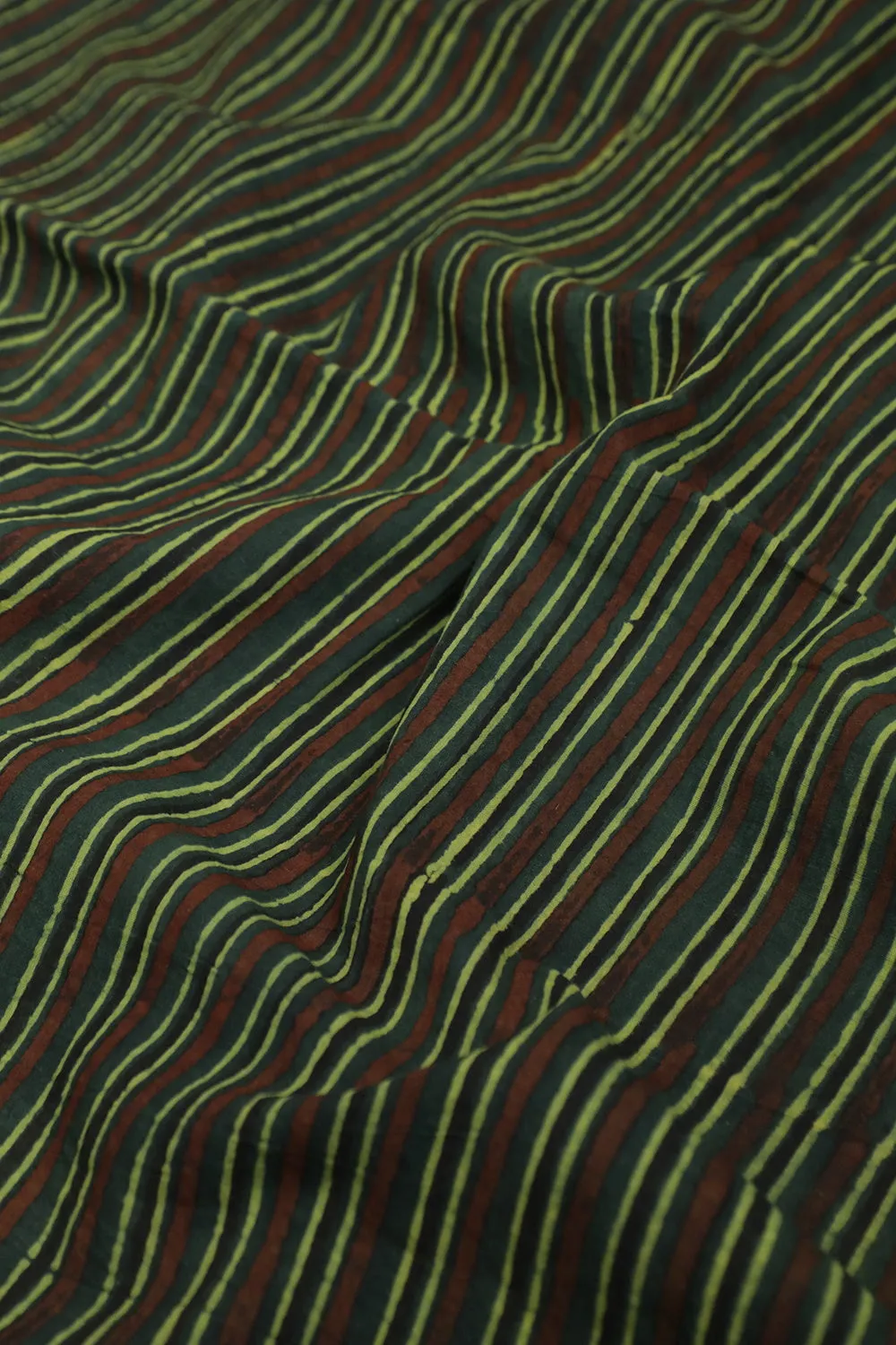 Green with Stripes Block Printed Ajrak Cotton Fabric - 0.7m