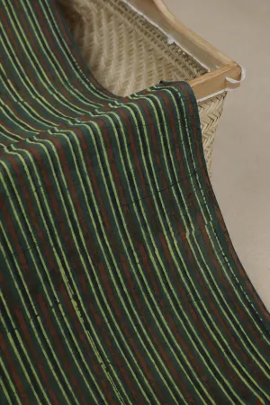 Green with Stripes Block Printed Ajrak Cotton Fabric - 0.7m