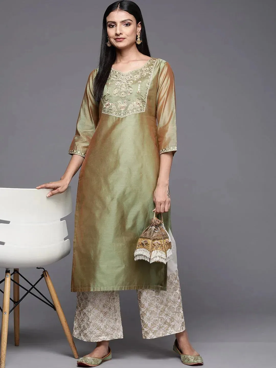 Green Yoke Design Chanderi Cotton Straight Kurta