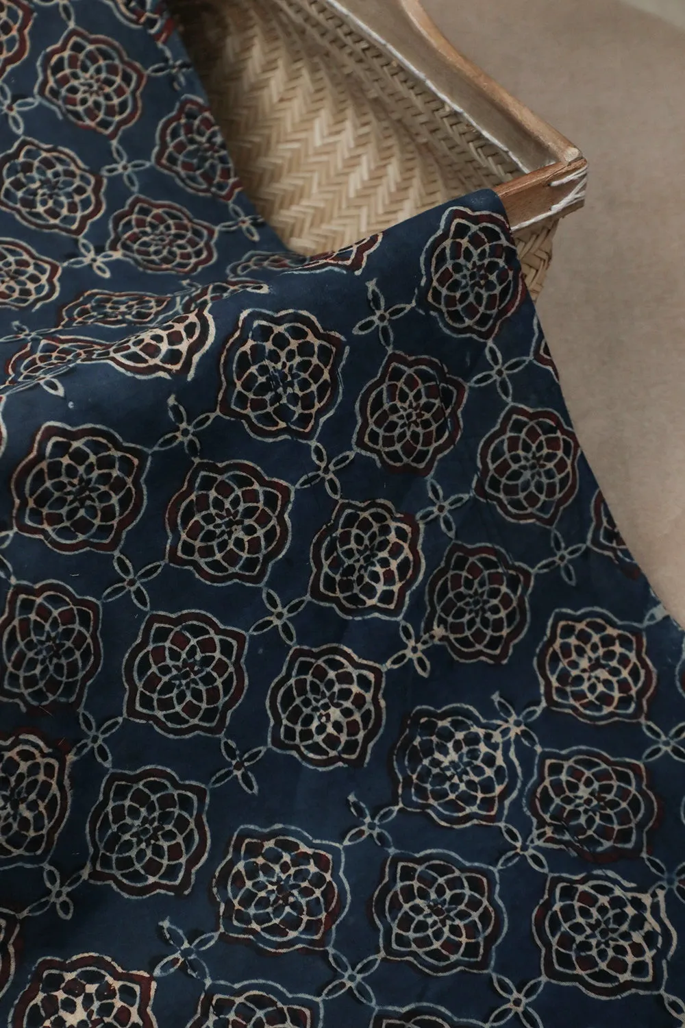 Indigo Block Printed Ajrak cotton Fabric - 0.95m