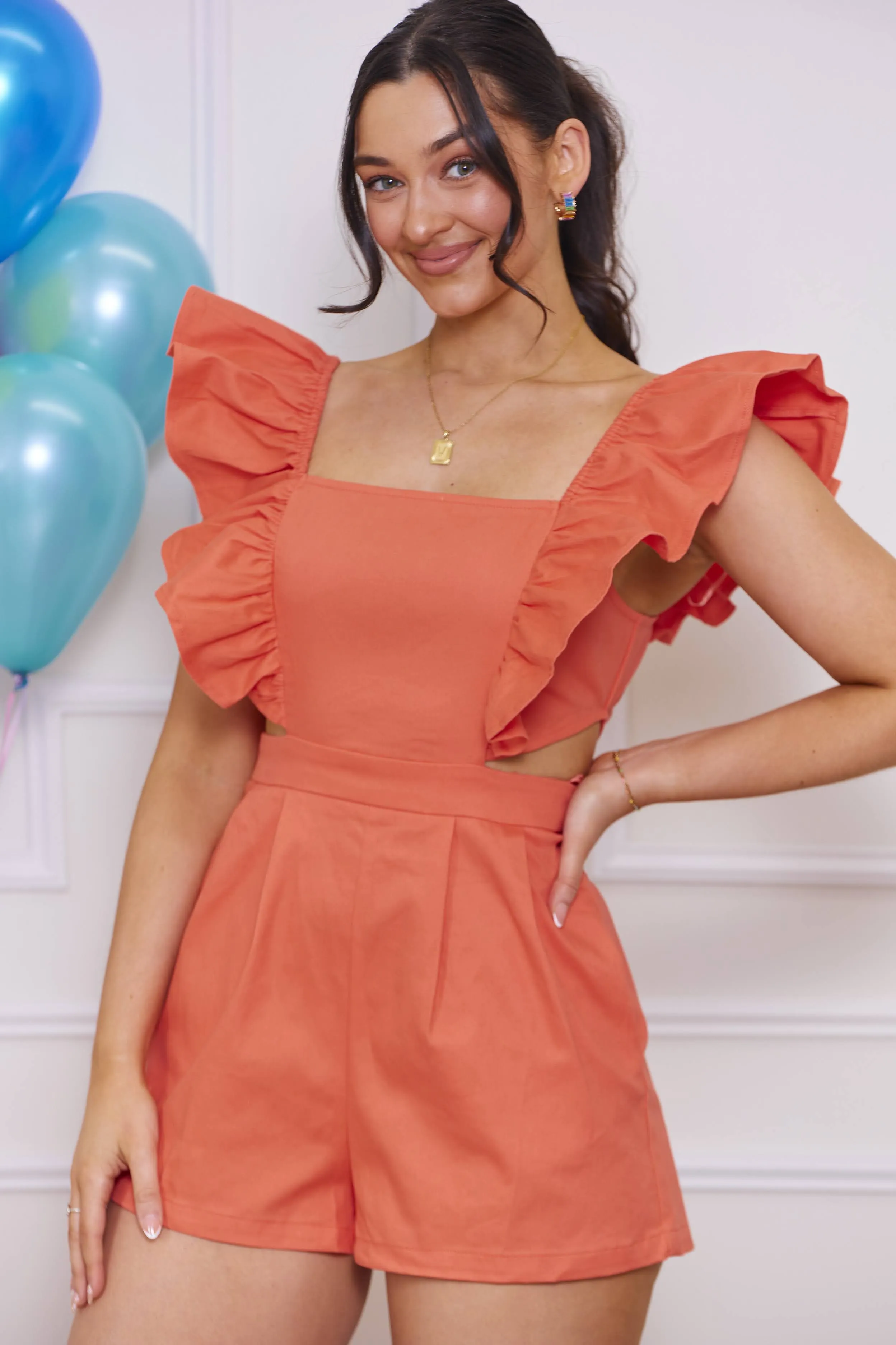 Let's Get The Party Started Ruffle Sleeve Romper - Orange