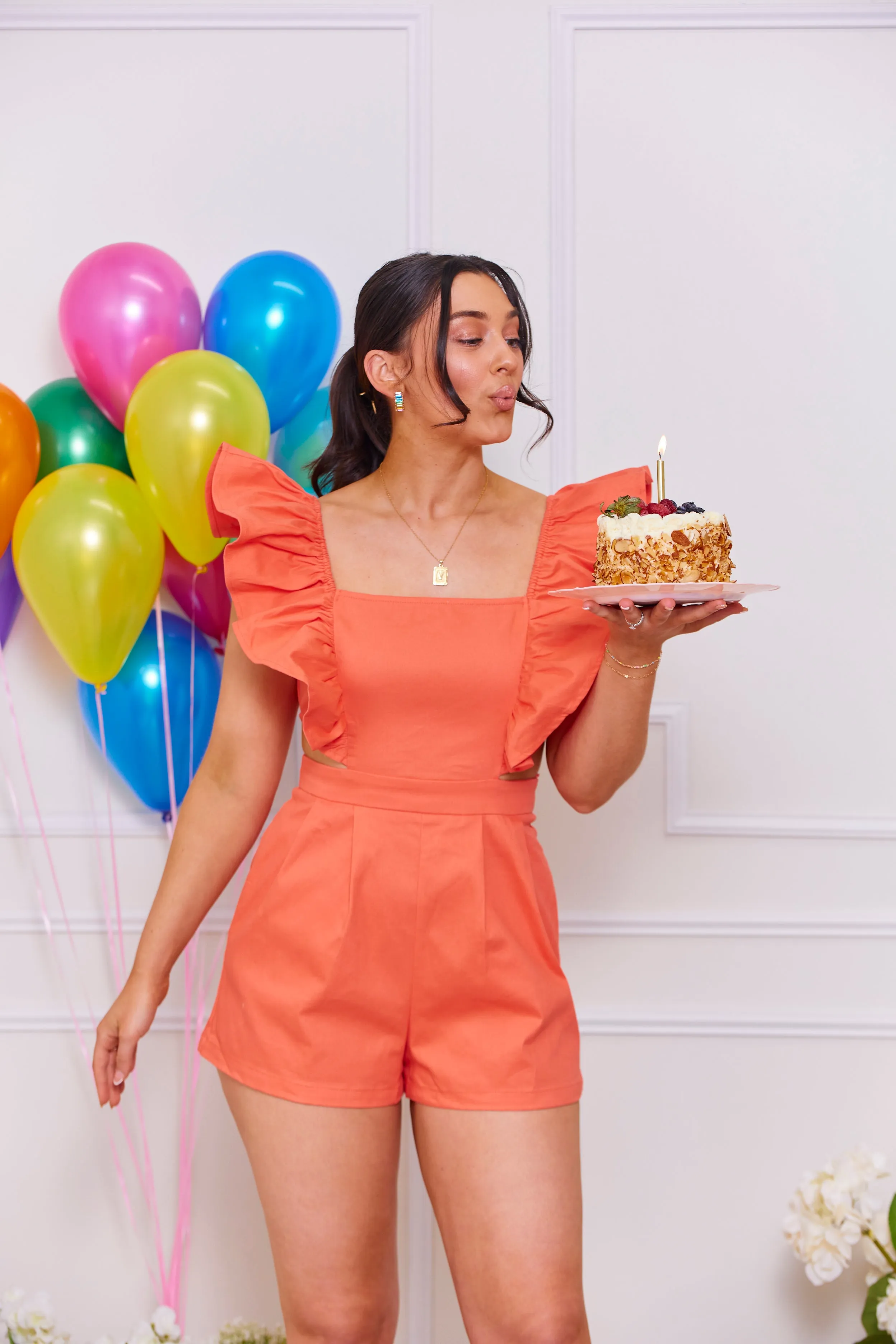 Let's Get The Party Started Ruffle Sleeve Romper - Orange