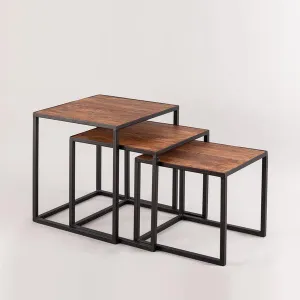 Matt Black Natural Wood Trendy Side Tables For Living Room & Home Set of 3