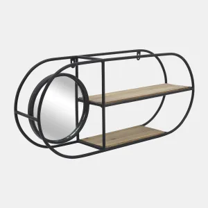 Metal/wood, 23"l Oval Wall Shelf W/ Mirror, Black/
