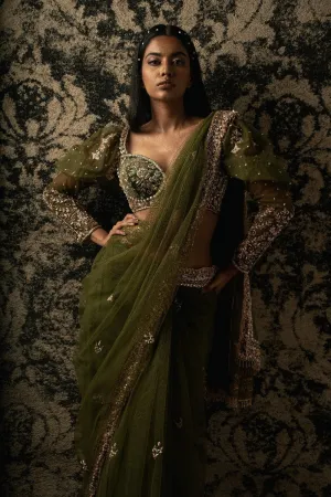Olive Saree with Blouse and Petticoat