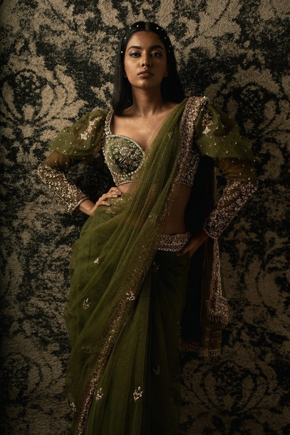 Olive Saree with Blouse and Petticoat