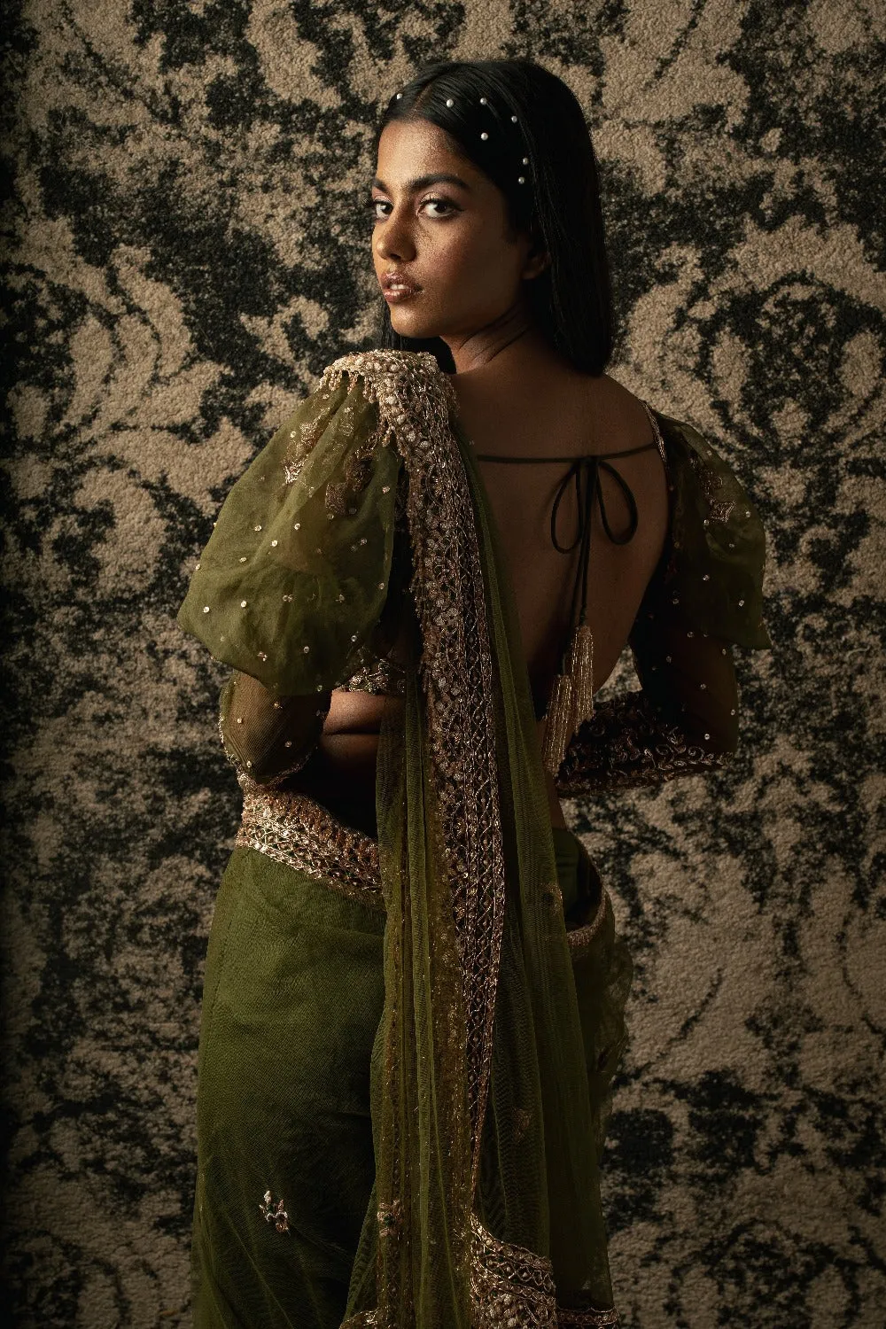 Olive Saree with Blouse and Petticoat