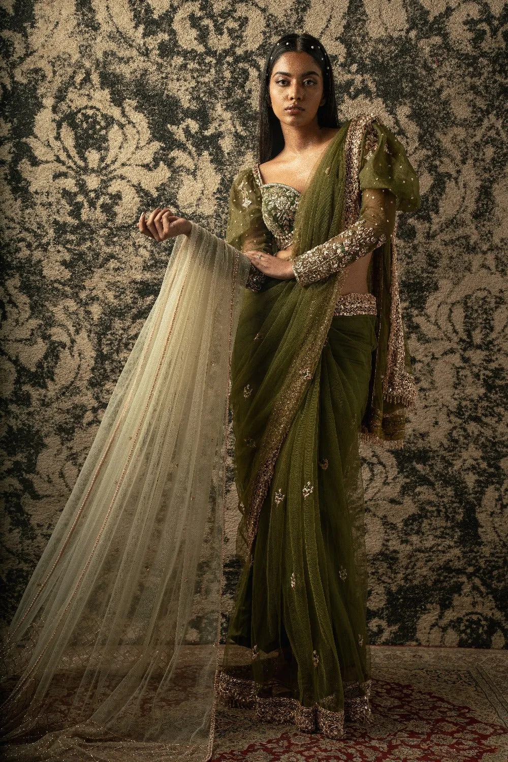 Olive Saree with Blouse and Petticoat
