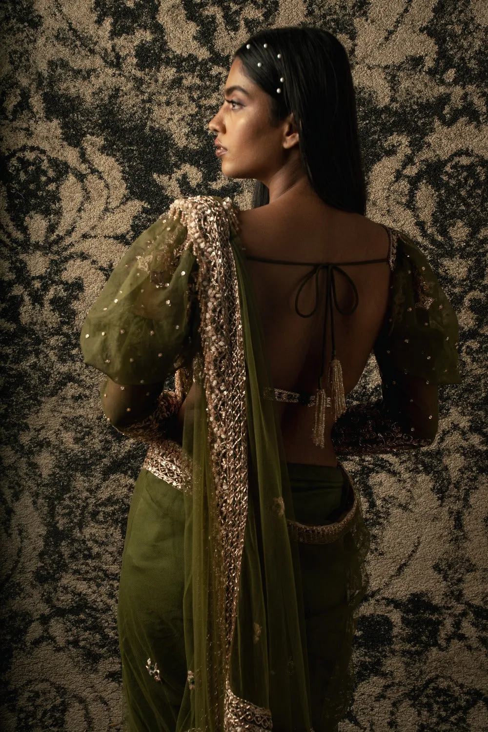 Olive Saree with Blouse and Petticoat