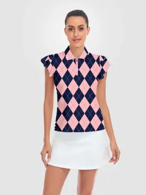 Pink and Blue Checkerboard Quarter-zip Ruffled Short-sleeve Polo Shirt