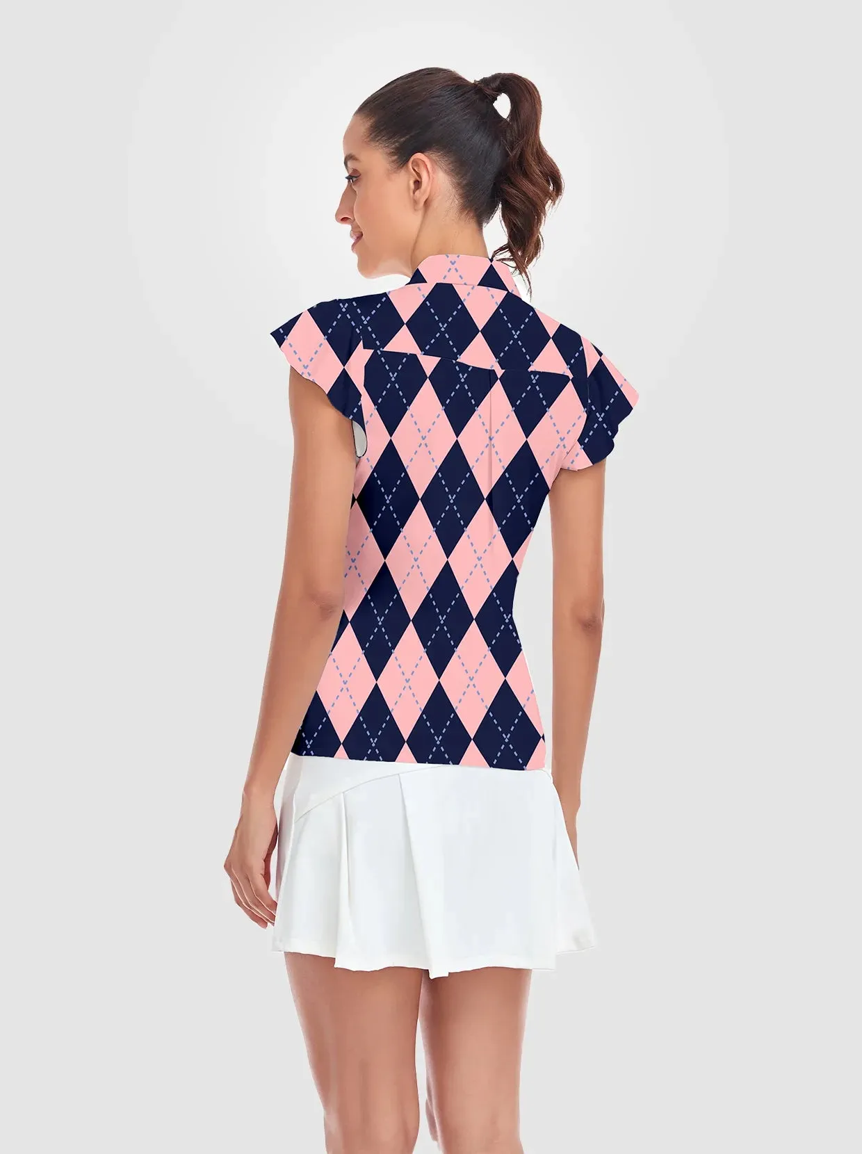 Pink and Blue Checkerboard Quarter-zip Ruffled Short-sleeve Polo Shirt
