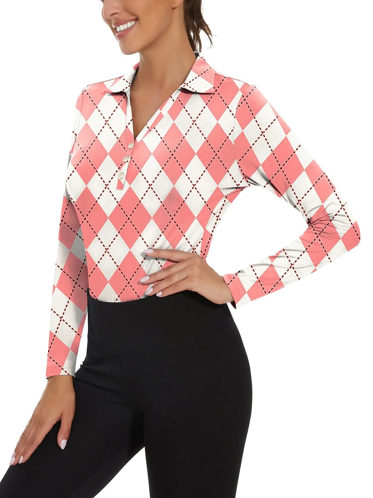 Pink and White Argyle Golf Polo Shirt For Women