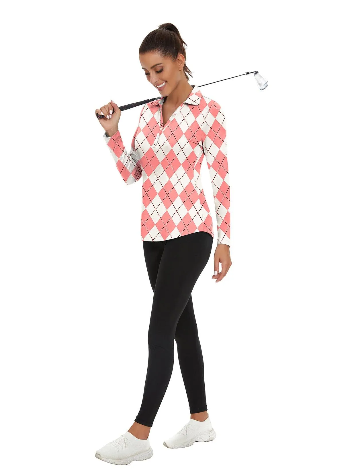 Pink and White Argyle Golf Polo Shirt For Women