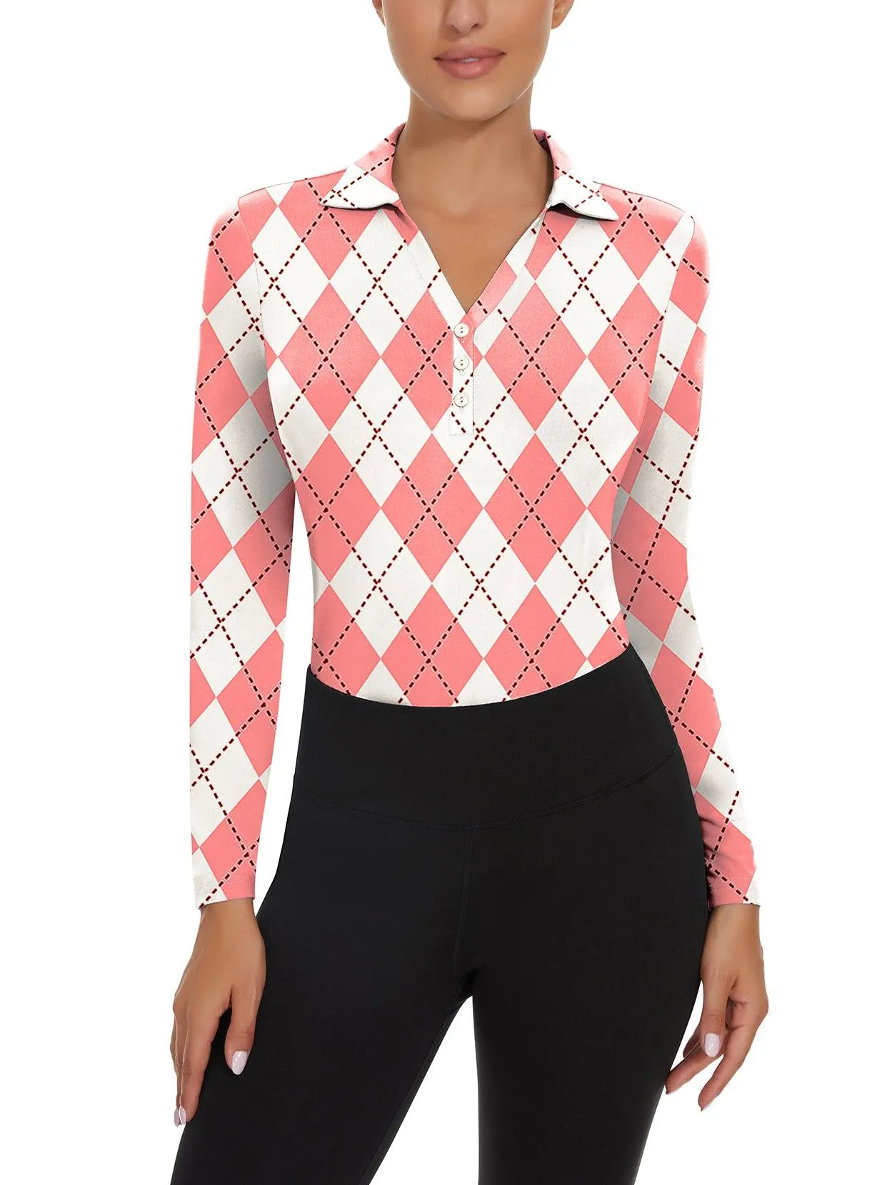 Pink and White Argyle Golf Polo Shirt For Women