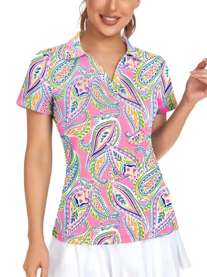 Pink Paisley V-neck Short-sleeve Golf Polo for Women