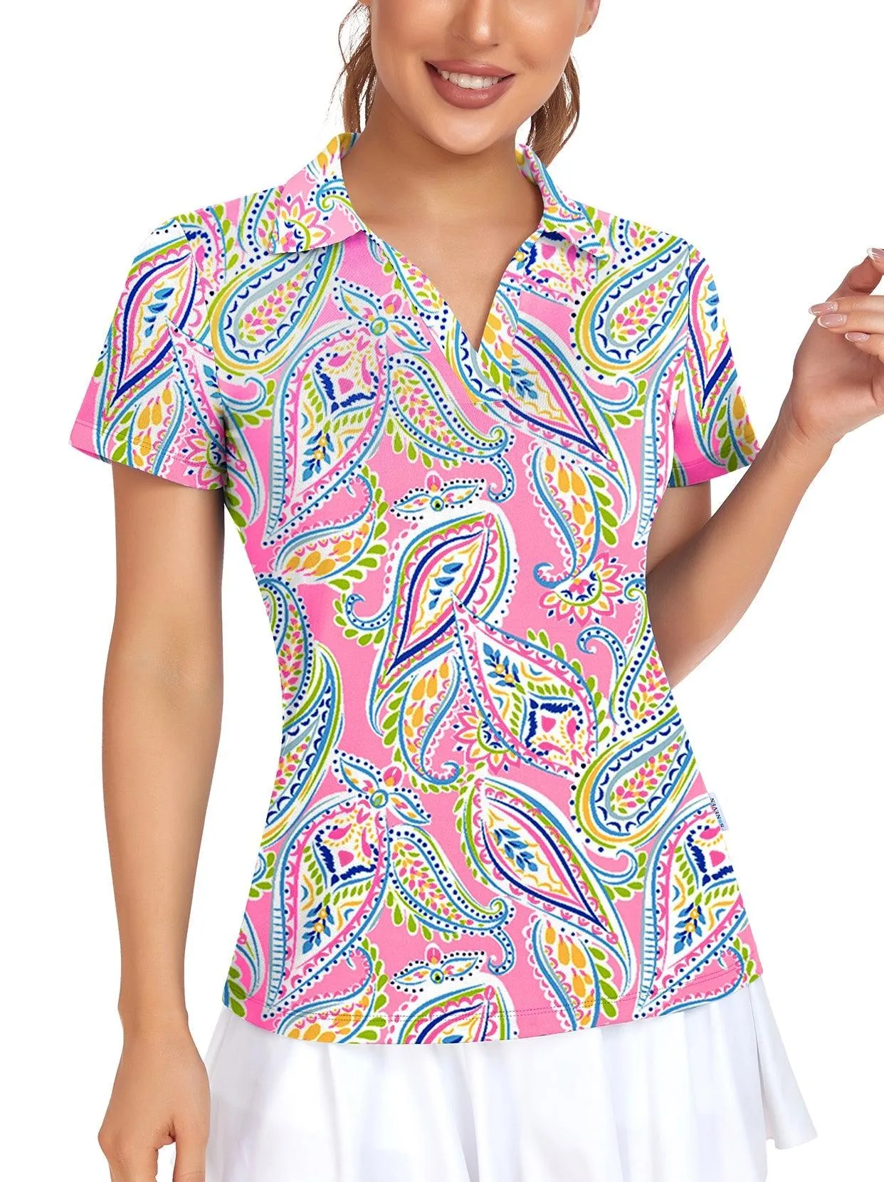 Pink Paisley V-neck Short-sleeve Golf Polo for Women