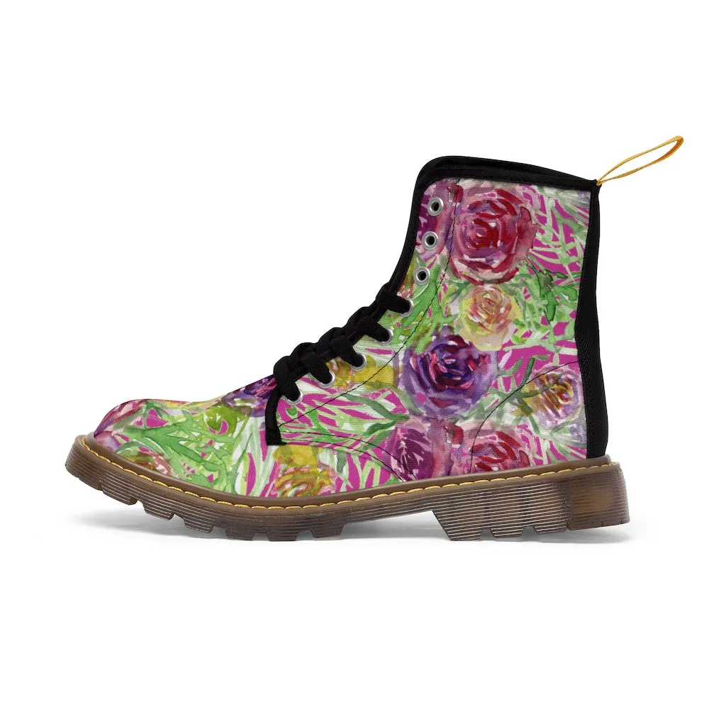 Pink Yellow Rose Women's Boots, Best Vintage Style Premium Quality Winter Boots For Ladies