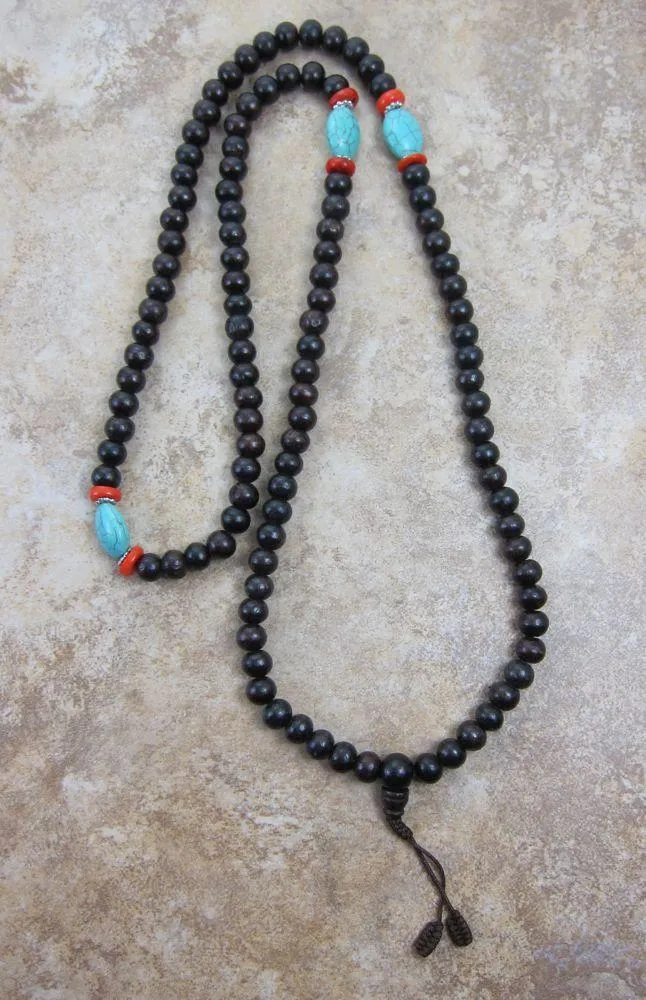 Rosewood with Turquoise and Coral Mala