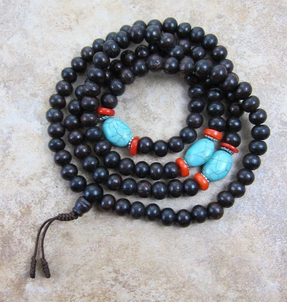 Rosewood with Turquoise and Coral Mala