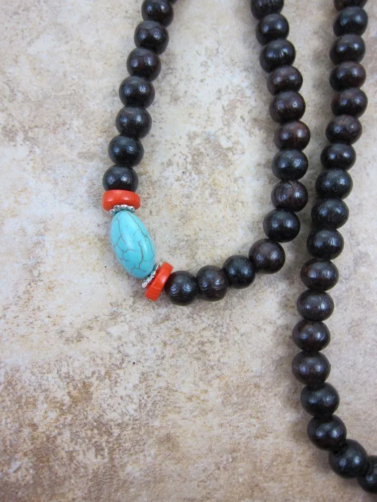 Rosewood with Turquoise and Coral Mala