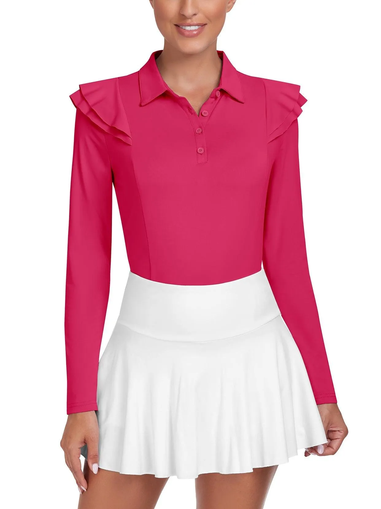 Solid Pink Ruffle Design Long-sleeve Golf Polo for Women