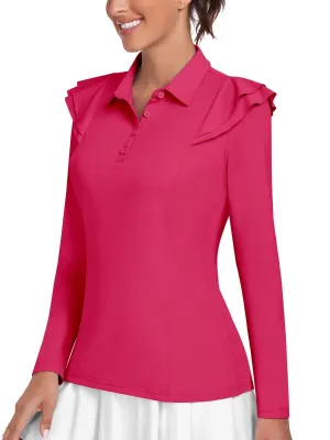 Solid Pink Ruffle Design Long-sleeve Golf Polo for Women