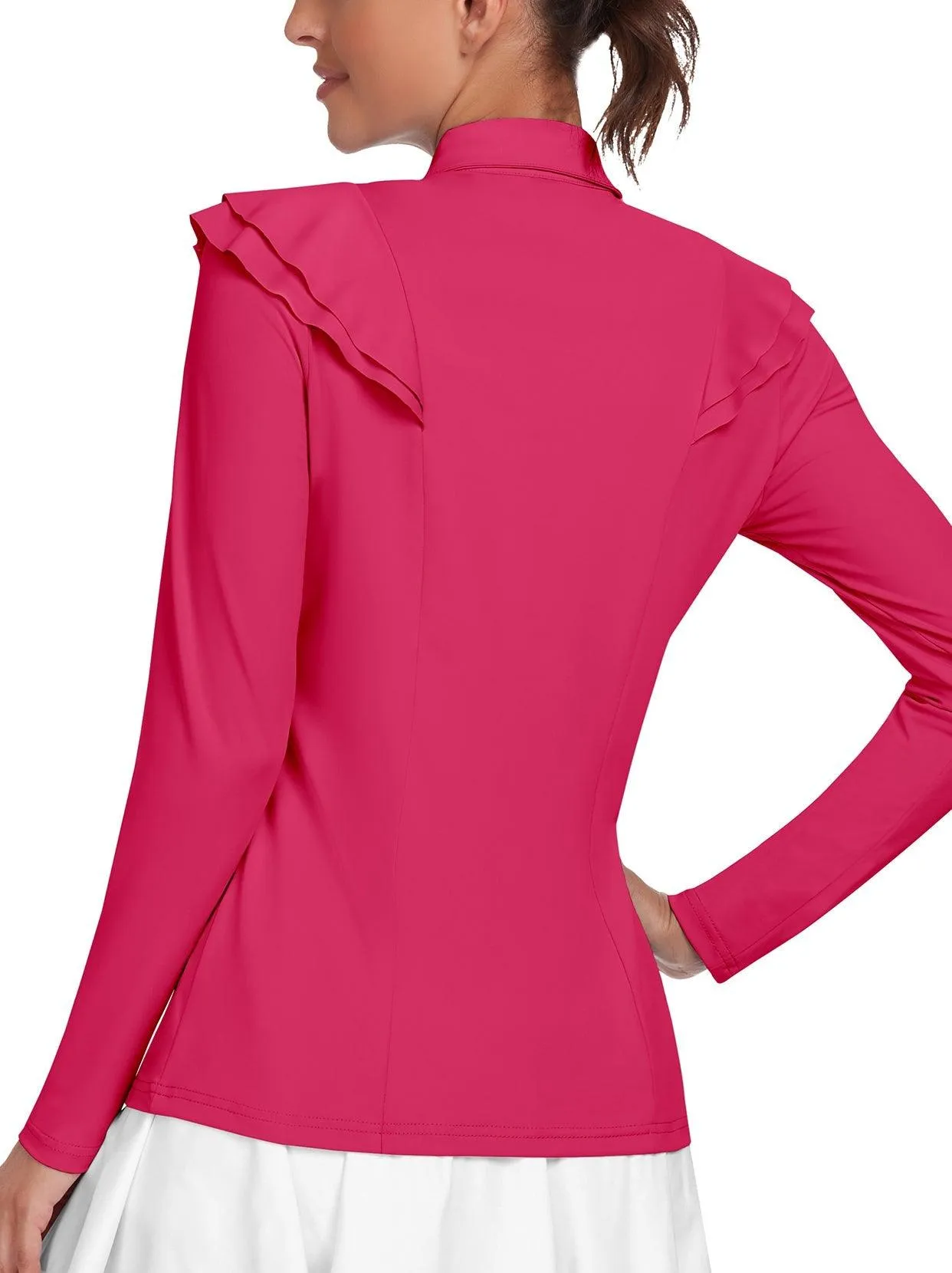 Solid Pink Ruffle Design Long-sleeve Golf Polo for Women