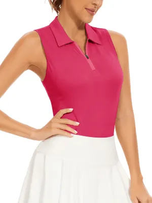 Solid Rose Red Classic V Neck Sleeveless Polo Shirt - Suitable for Tennis