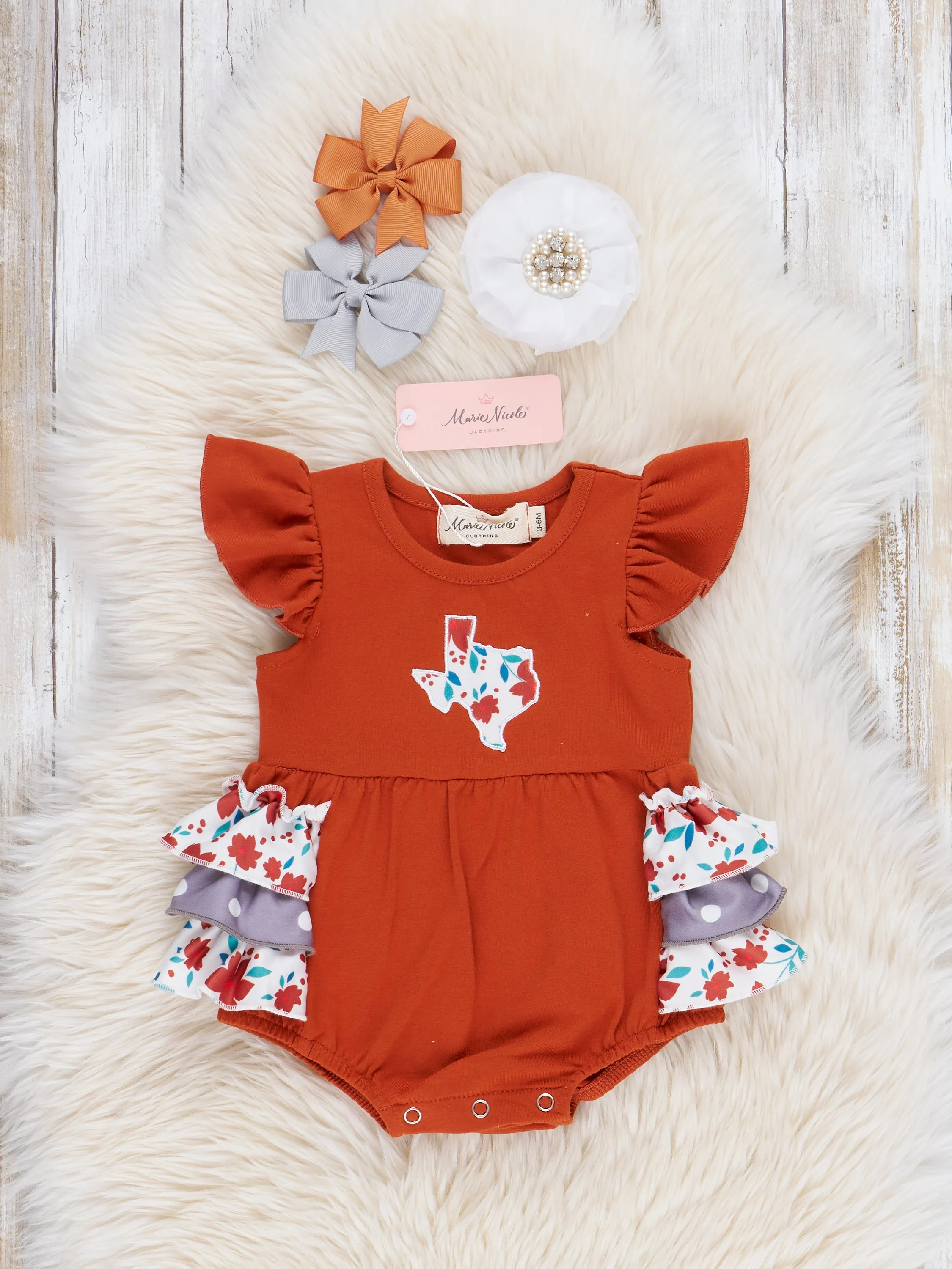 TX Burnt Orange Floral Ruffle Bubble