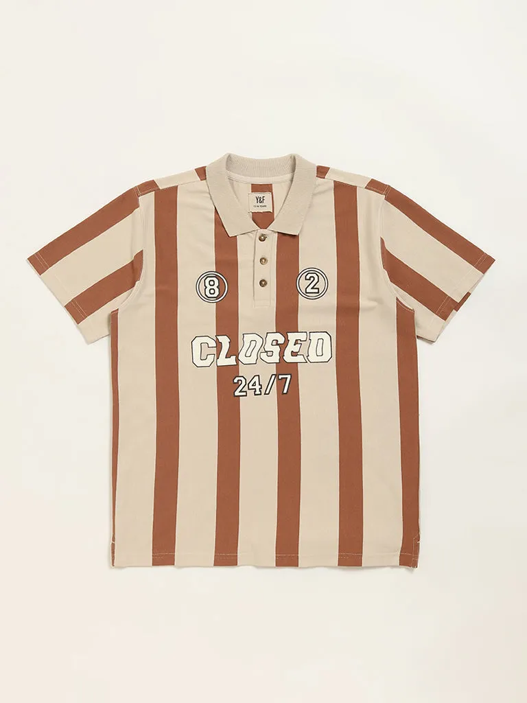 Y&F Kids Brown Stripe Printed Polo Cotton T-Shirt
