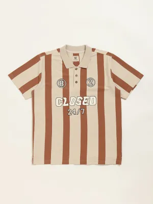 Y&F Kids Brown Stripe Printed Polo Cotton T-Shirt
