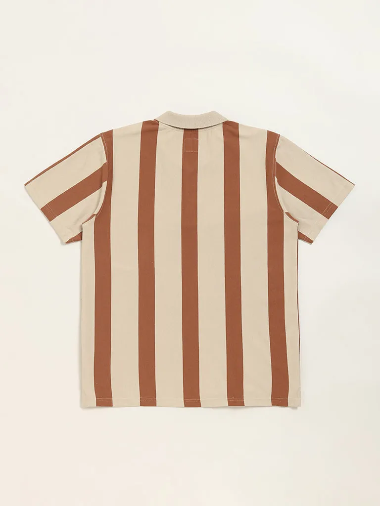 Y&F Kids Brown Stripe Printed Polo Cotton T-Shirt